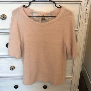 Fuzzy knit pink sweater top with keyhole bow back!